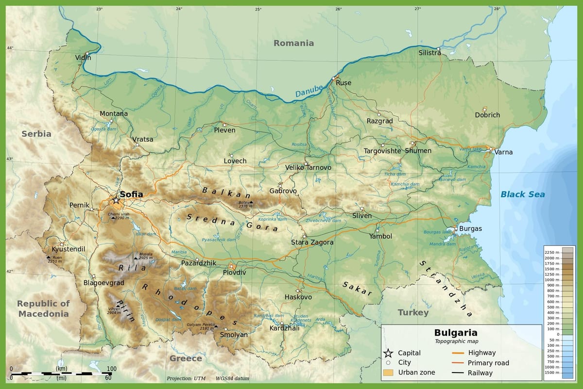 Bulgarien topografisk kort